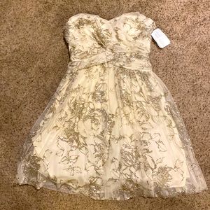 Strapless, Cream and Gold Short Formal Dress, Size 10, NWT.